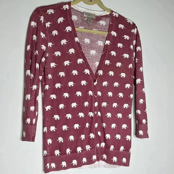 LOFT Outlet Sweater Womens Long Sleeve Button up Elephant Cardigan Red - Picture 2 of 8